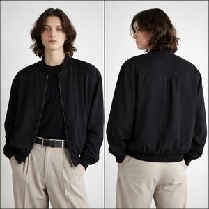 SCANDIA WOODS Silk Bomber Jacket Unisex XL Black Vintage Minimalist